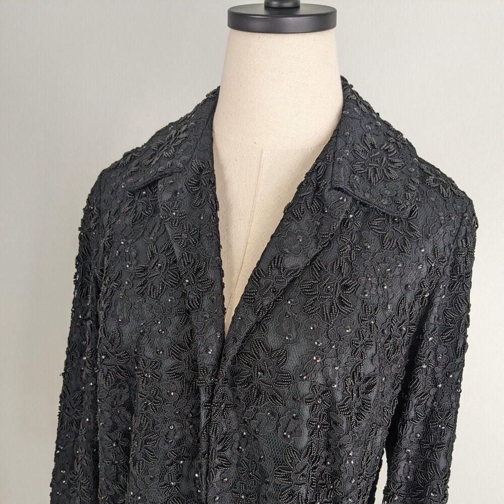 Vintage Topper Jacket Blazer M Black 60s French Lace Silk Beaded Evening Formal